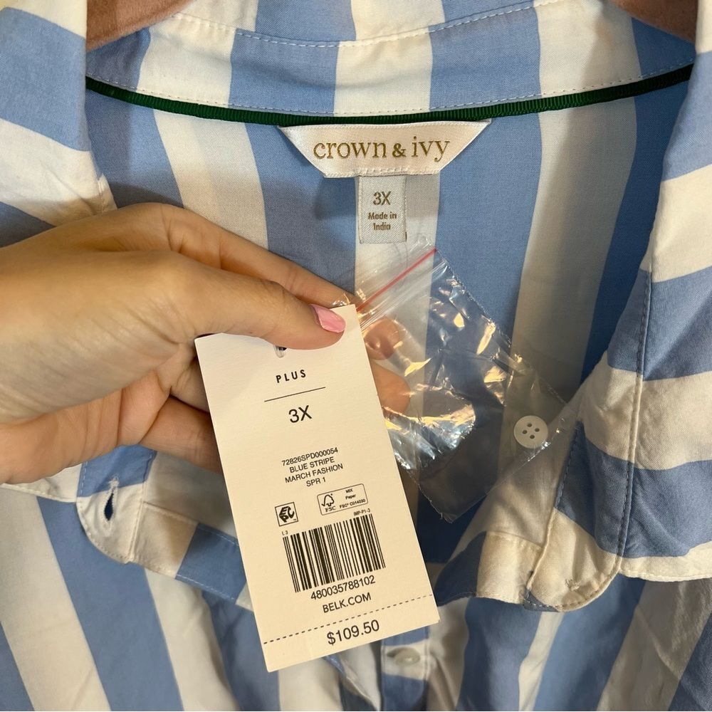 Crown & Ivy Women’s Blue White Striped Belted Shirt Dress 3X NWT - Picture 5 of 15